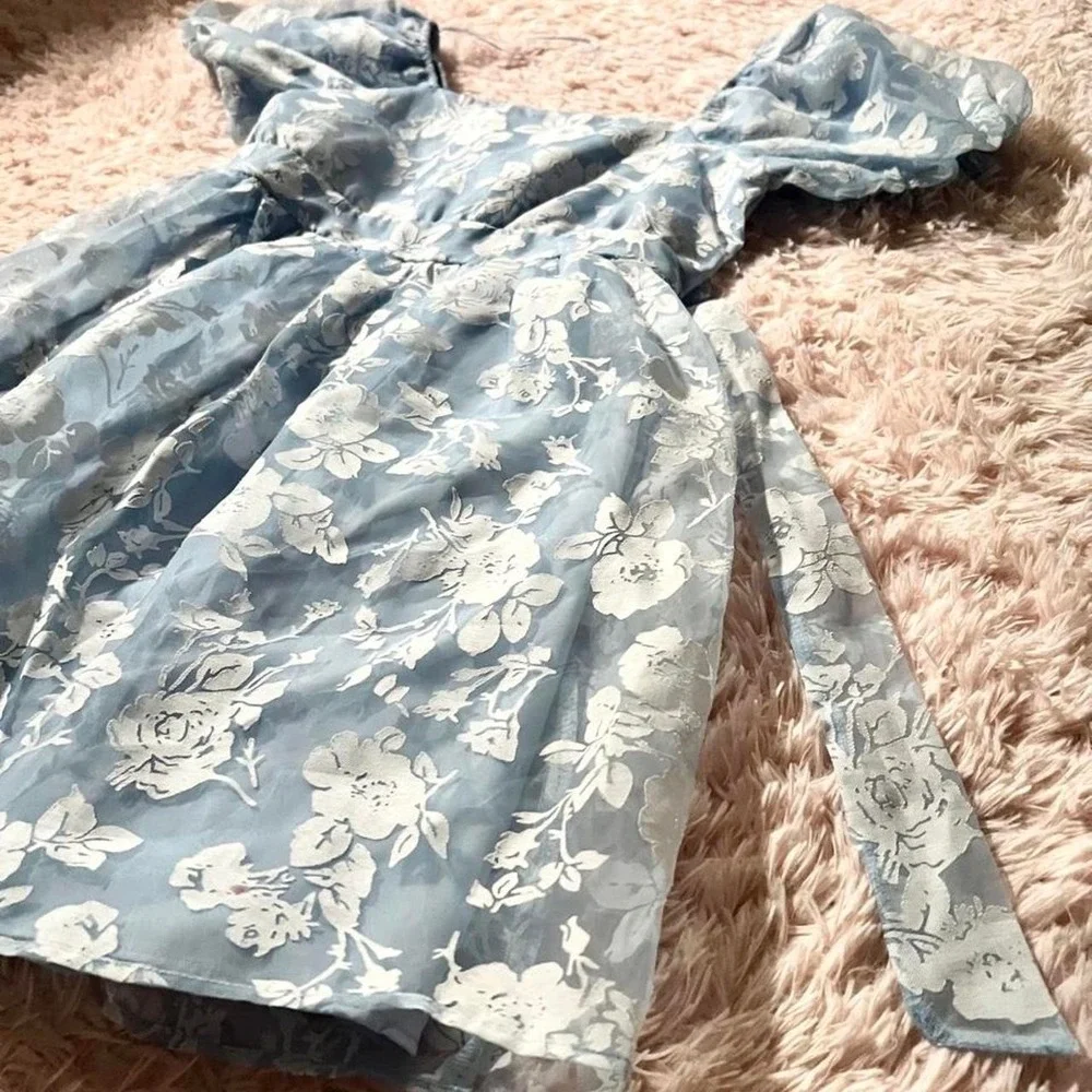 Whimsical Babydoll Milkmaid Floral Pastel Puff Sleeve Dress Girls 14 Baroque